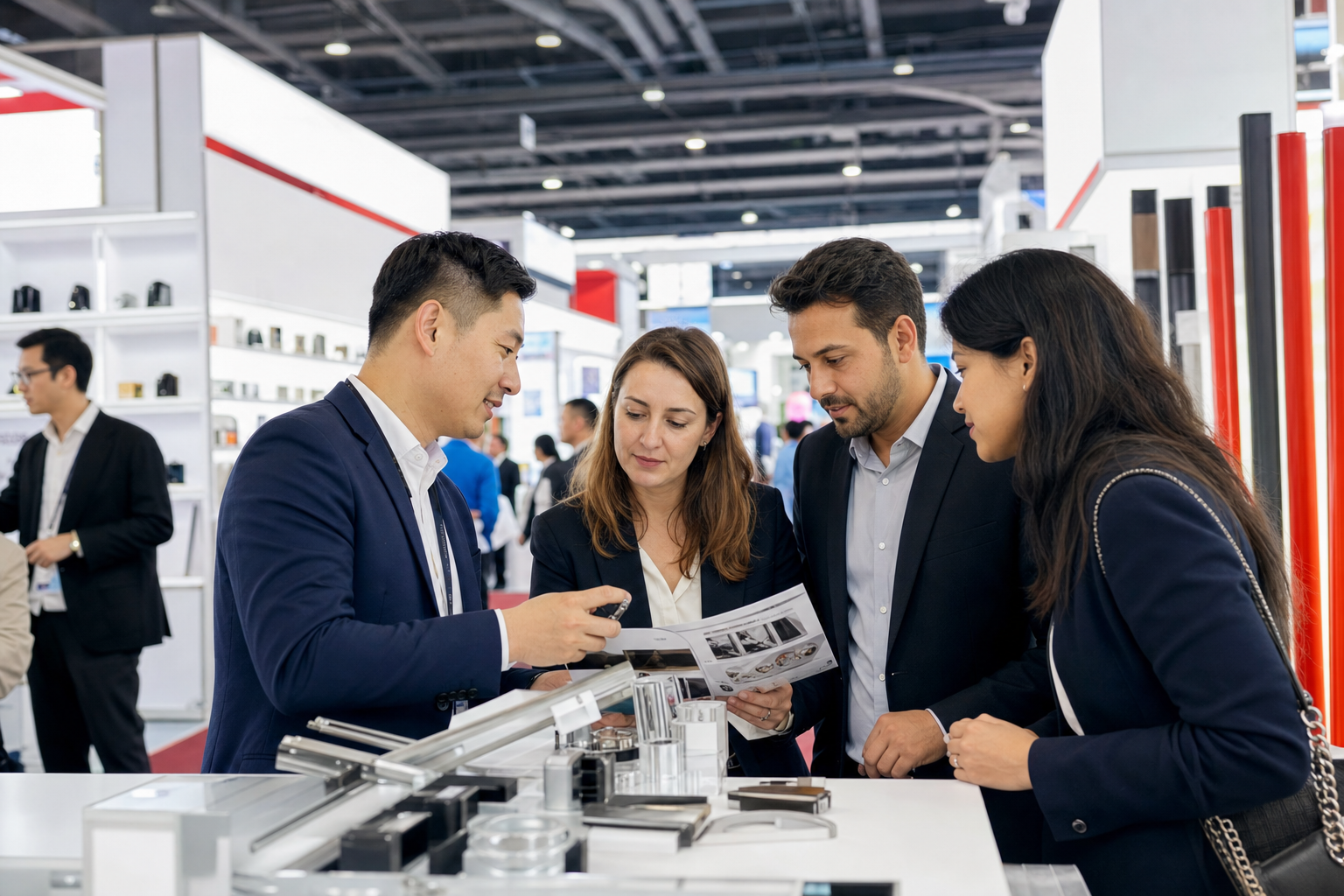 Business visitors discussing products with a supplier at an international trade exhibition